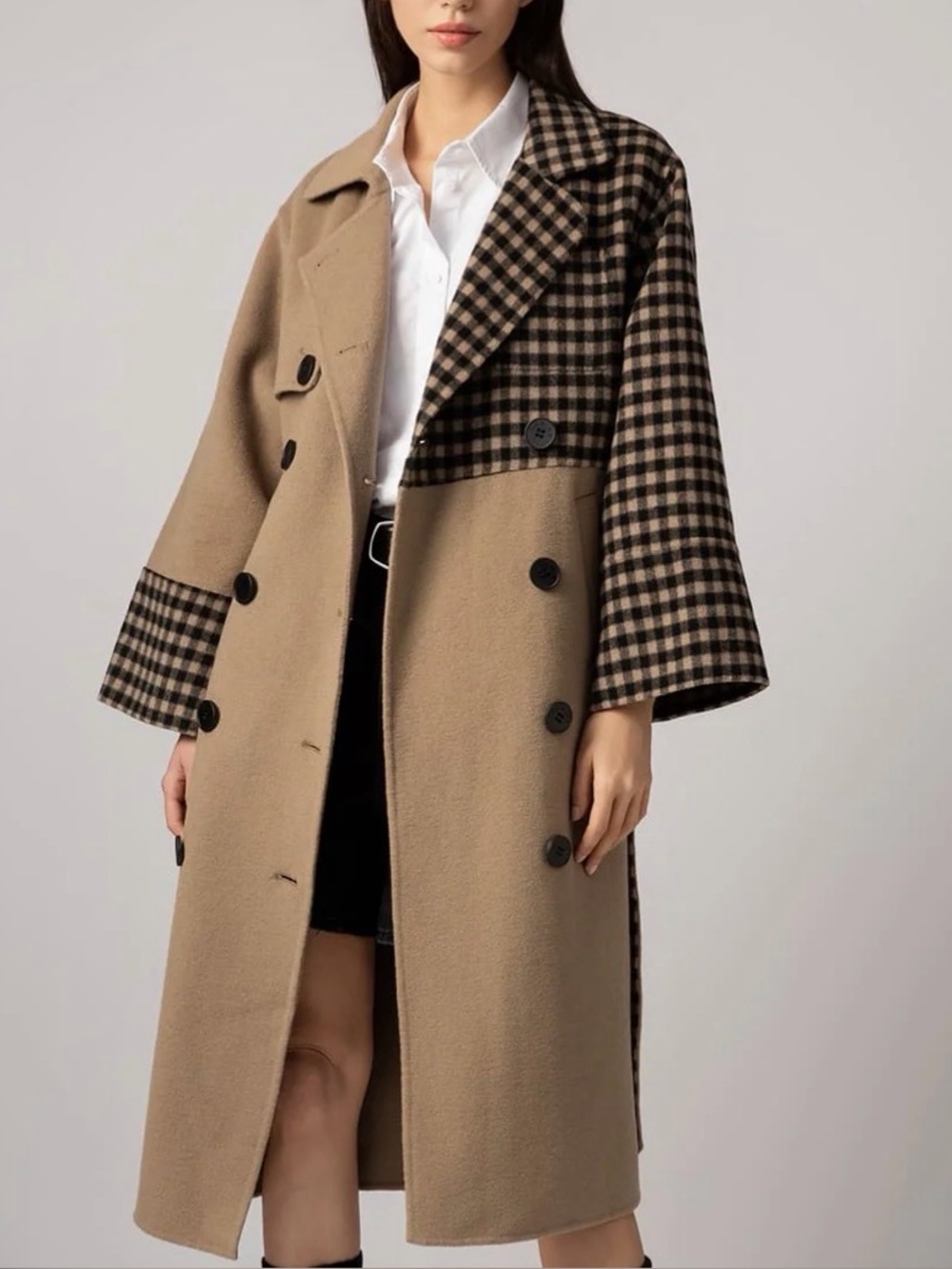 Contrast Plaid Belted WOOL CASHMERE Trench Coat - Camel/Black